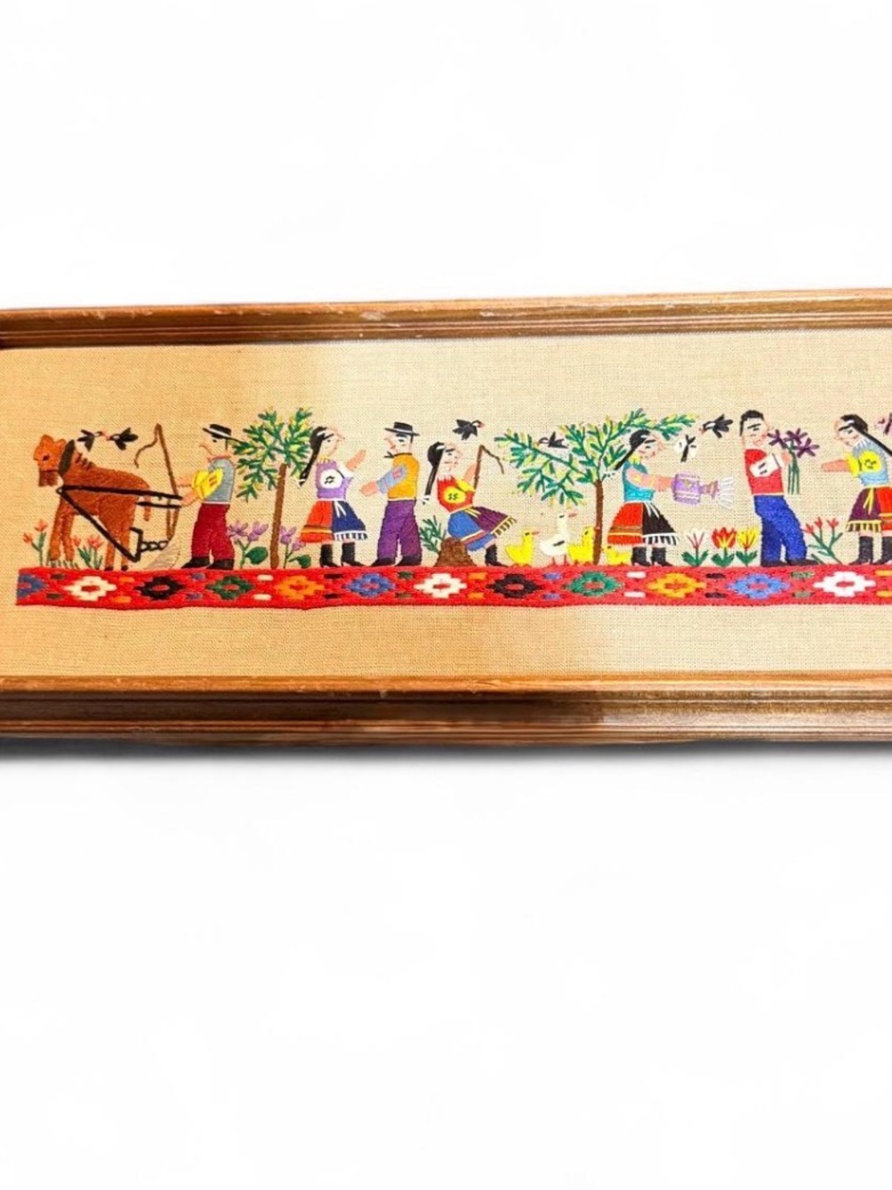 Vintage Slovak Folk Art Hand Stitched Embroidery Framed Village Scene 16x7